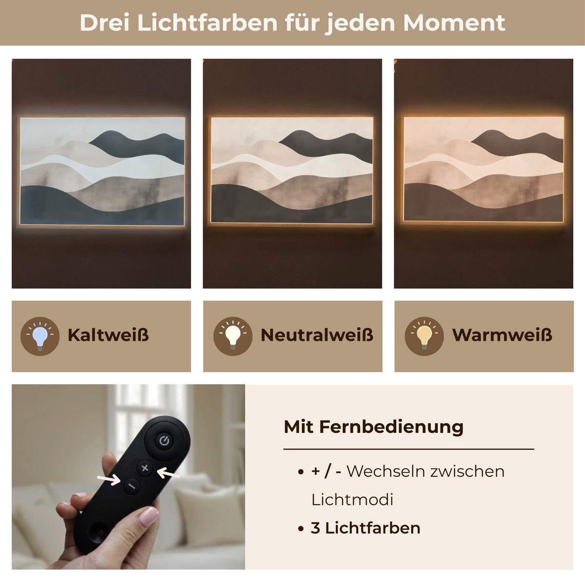 WANDLEUCHTE MIT AKKU Abstrakt - Landschaft - Wellen - Cremefarben 100x70 cm - Graubraun, Holzwerkstoff (100/70/8cm) - OnlyWow