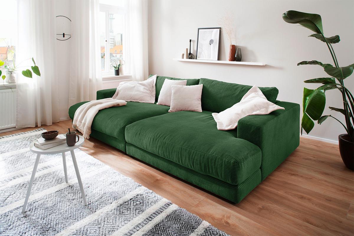 BIG SOFA XL MADELINE Smaragdgrün Cord - Smaragdgrün/Schwarz, Kunststoff/Textil (290/85/190cm) - KAWOLA