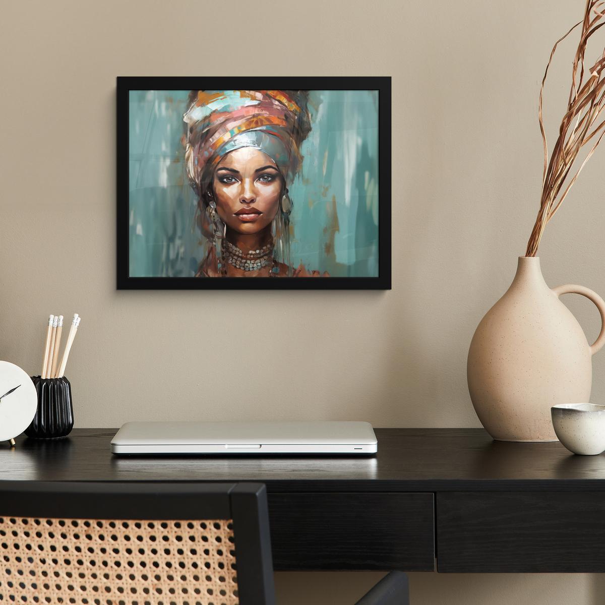 POSTER MIT RAHMENGERAHMTES BILD Frau - Kunst - Schmuck - Porträt 40x30 cm - Blaugrau, Papier (40/30cm) - MuchoWow