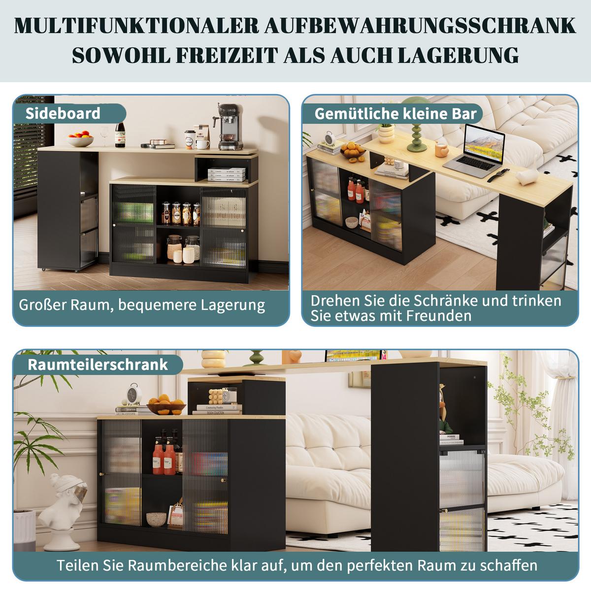 KÜCHENINSEL ausziehbar 170 cm Schwarz – Drehbare Barinsel mit Glas-Schiebetüren & Stauraum - Schwarz, Holzwerkstoff (115/60/100cm) - Urban Meuble