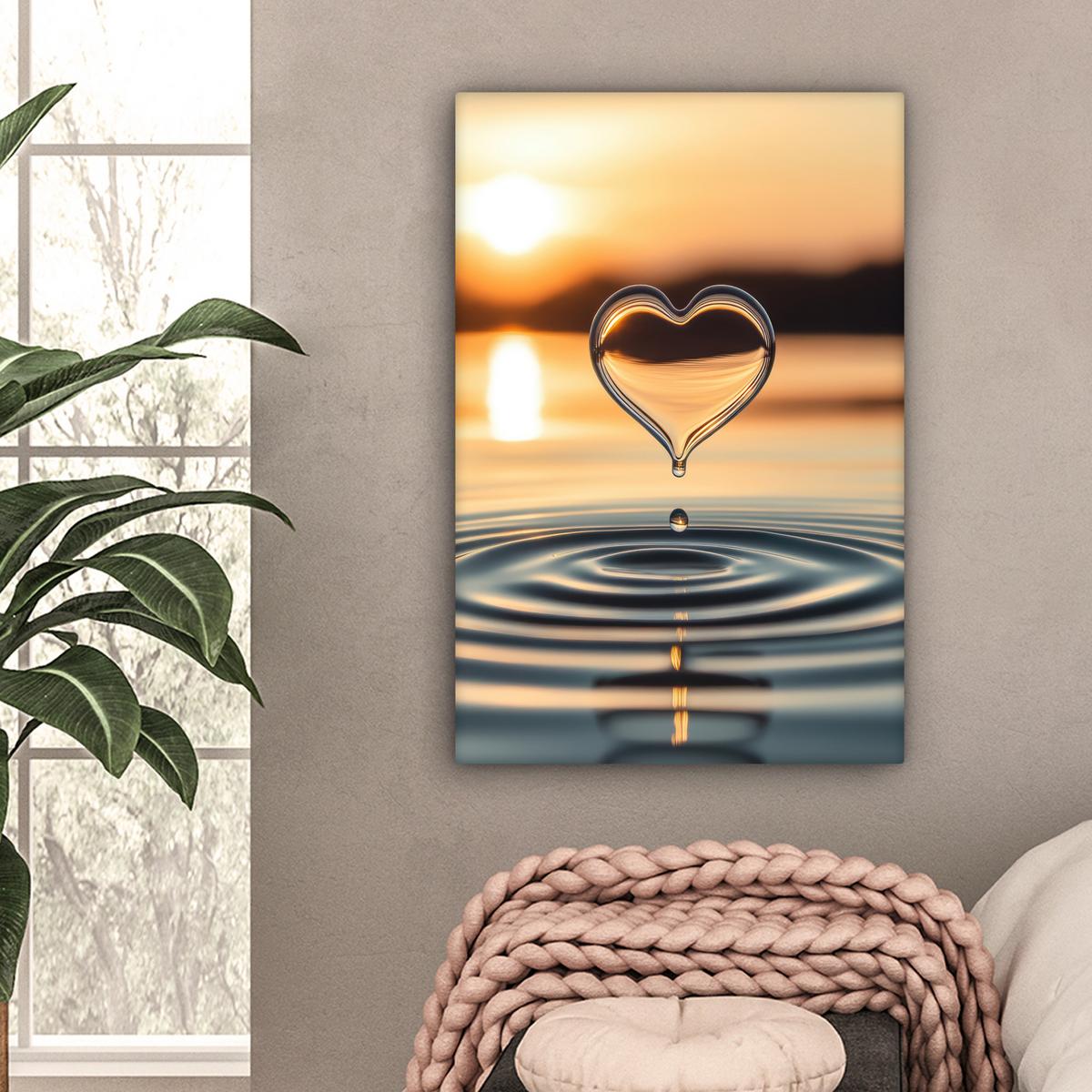 LEINWANDBILD Herz - Wasser - Sonnenuntergang - Natur - Zen Wanddeko Schlafzimmer 60x90 cm - Bernsteinfarben, Textil (60/90cm) - MuchoWow