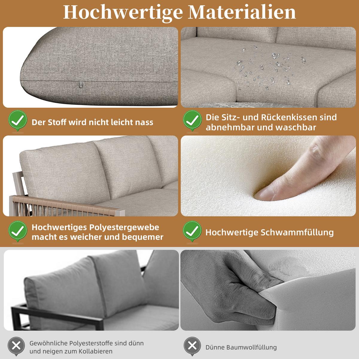 LOUNGEGARNITUR 5-tlg Beige Metall & Seil Ecksofa für 6–7 Personen mit 2 Couchtischen - Beige, Metall - Urban Meuble