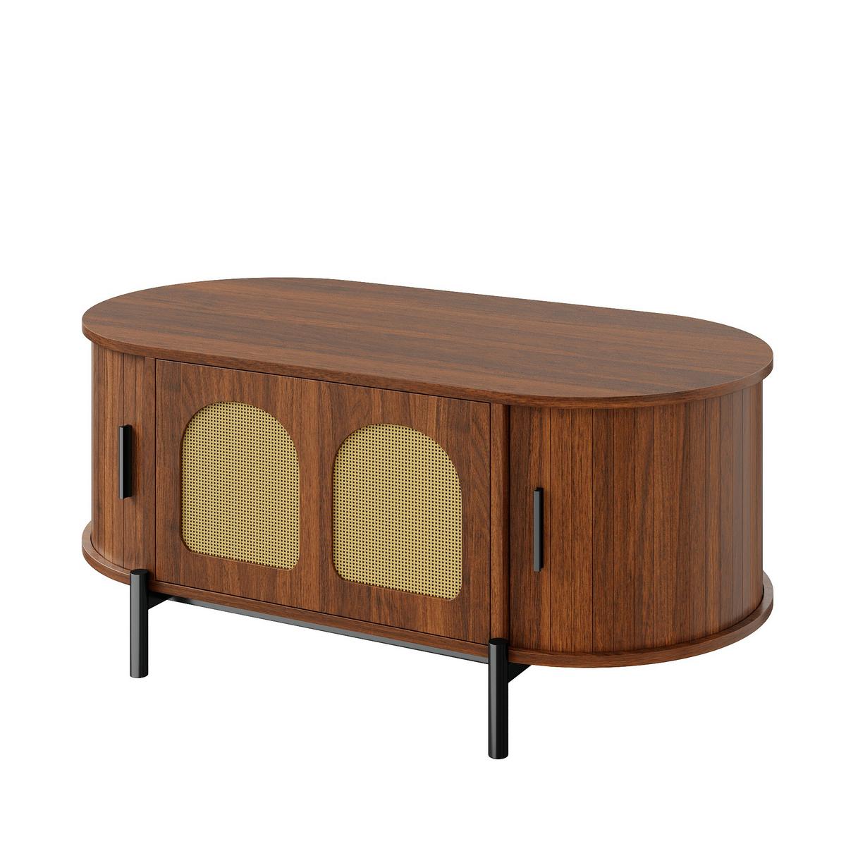 COUCHTISCH in holzoptik mit rattan, ovale form und schiebetüren - Walnussfarben, Holzwerkstoff (50/100/40cm) - Urban Meuble