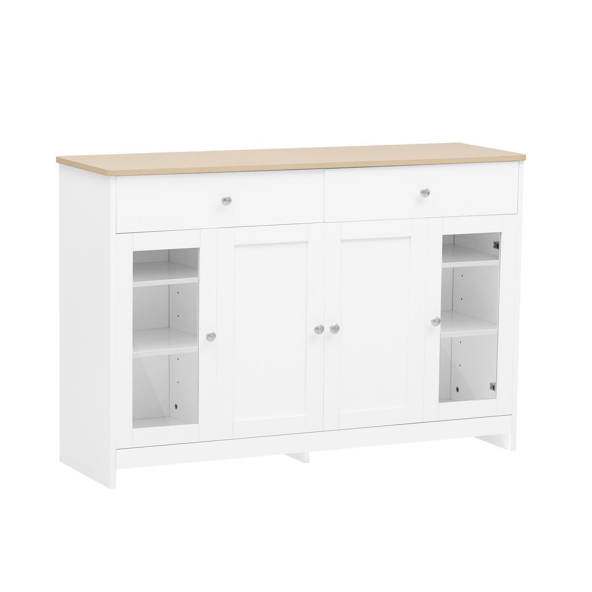 SIDEBOARD weiß & holzoptik mit glastüren & 2 schubladen - Weiß, Holzwerkstoff (120/80/37cm) - Urban Meuble