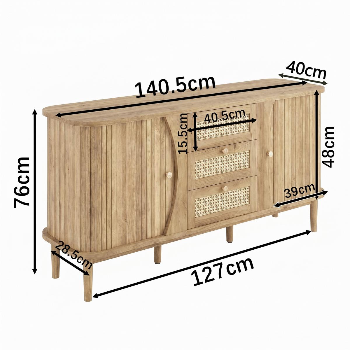 SIDEBOARD Rattan Kommode mit Schiebetüren, 140.5/40/76cm - Kirschbaumfarben, Holzwerkstoff (140/76/40cm) - Urban Meuble