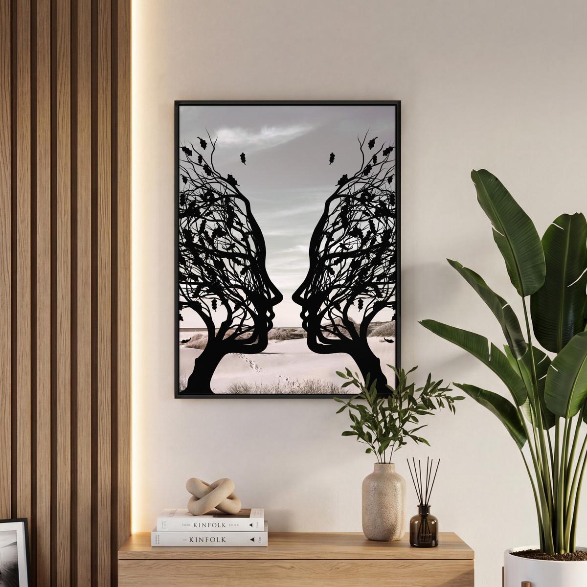 LEINWAND Bilder mit Rahmen - Strand - Meer - Menschen - Baum - Moderne Kunst - 50x70 - Hellgrau, Textil (50/70cm) - MuchoWow