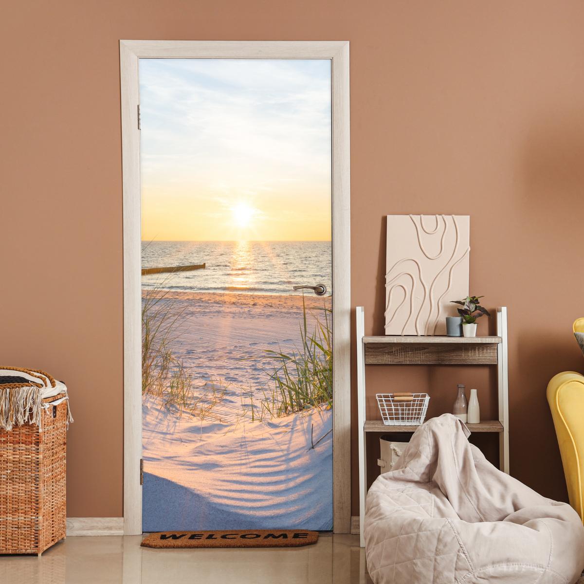 TÜRAUFKLEBER Strand - Sonne - Düne - Gras - Sand - Horizont Fototapete 75x205 cm - Türtapete - Dunkelgelb, Kunststoff (75/0.1cm) - MuchoWow