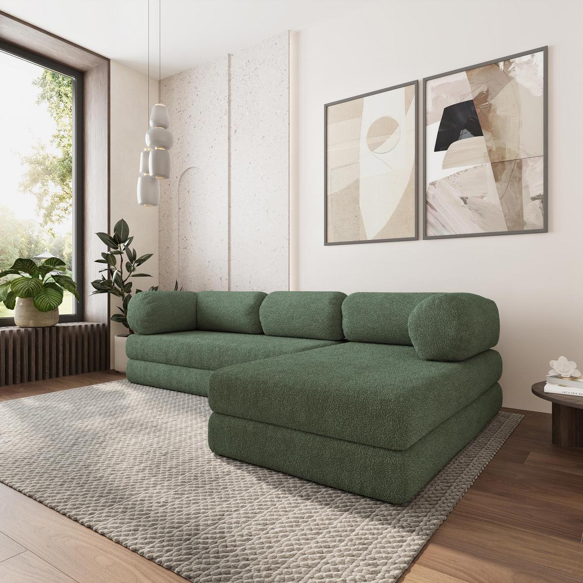 ECKSOFA KELI modulares Boneless Sofa mit Schlaffunktion Grün Boucle-Stoff - Grün, Textil (270/160cm) - MASSENO
