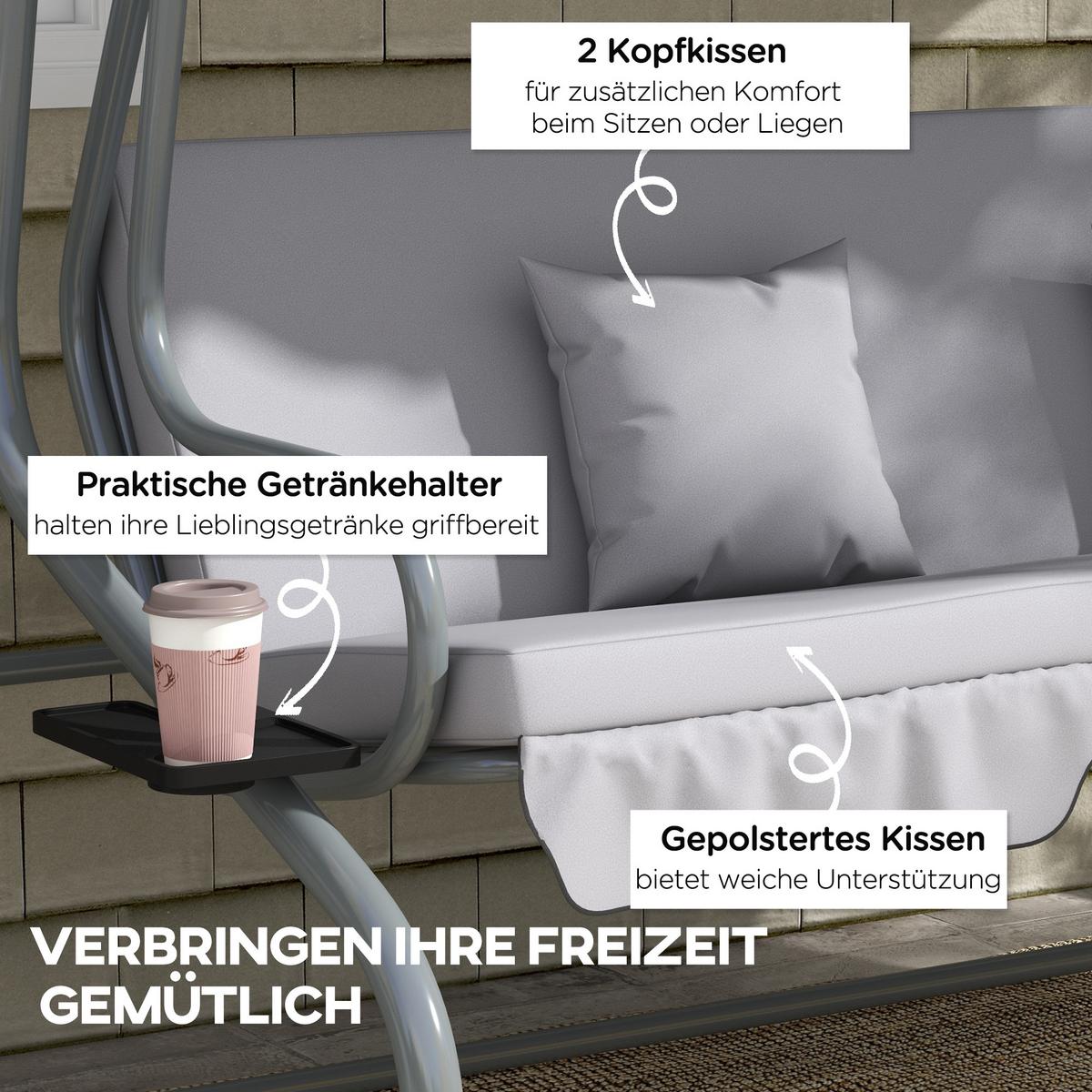 HOLLYWOODSCHAUKEL 3-Sitzer Gartenschaukel mit Verstellbarem Dach Kissen Hellgrau - Grau, Metall (120/164/200cm) - Outsunny