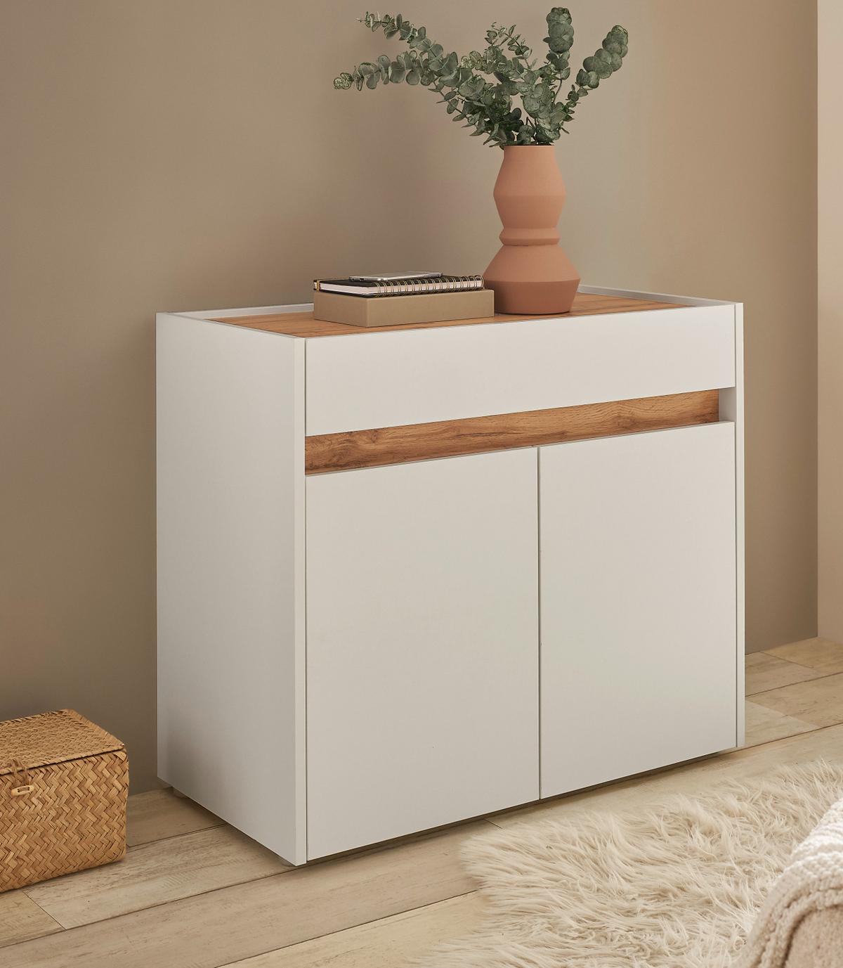 SCHUHSCHRANK weiß, Eiche Wotan 80 x 70 cm, Flurkommode mit Schubladen - Eiche Wotan/Silberfarben, Holzwerkstoff/Kunststoff (80/70/40cm) - Furn.Design