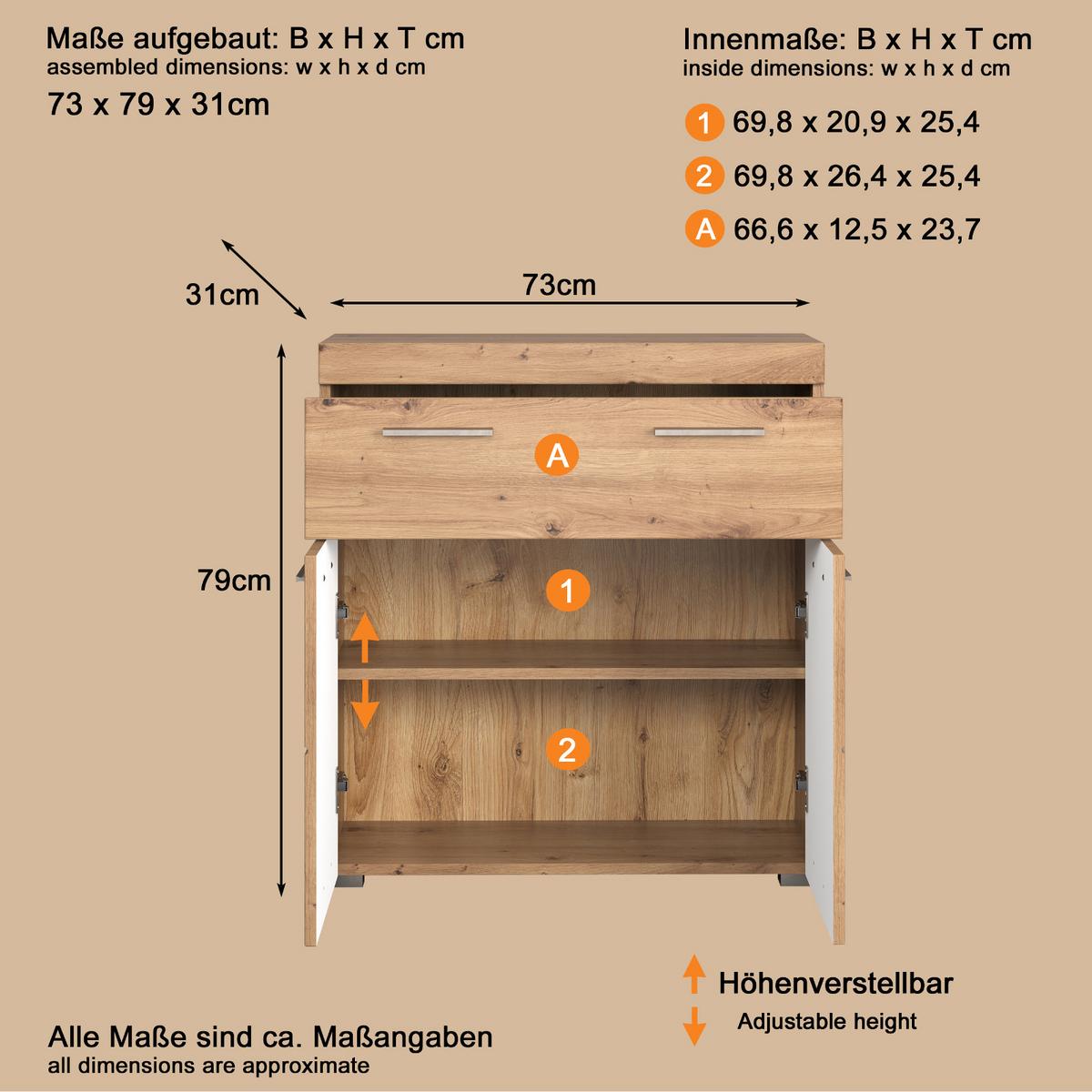 BADKOMMODE Asteiche 73 x 79 cm, Badzimmer Kommode mit viel Stauraum - Eichefarben, Holzwerkstoff/Kunststoff (73/79/31cm) - Top.Furn