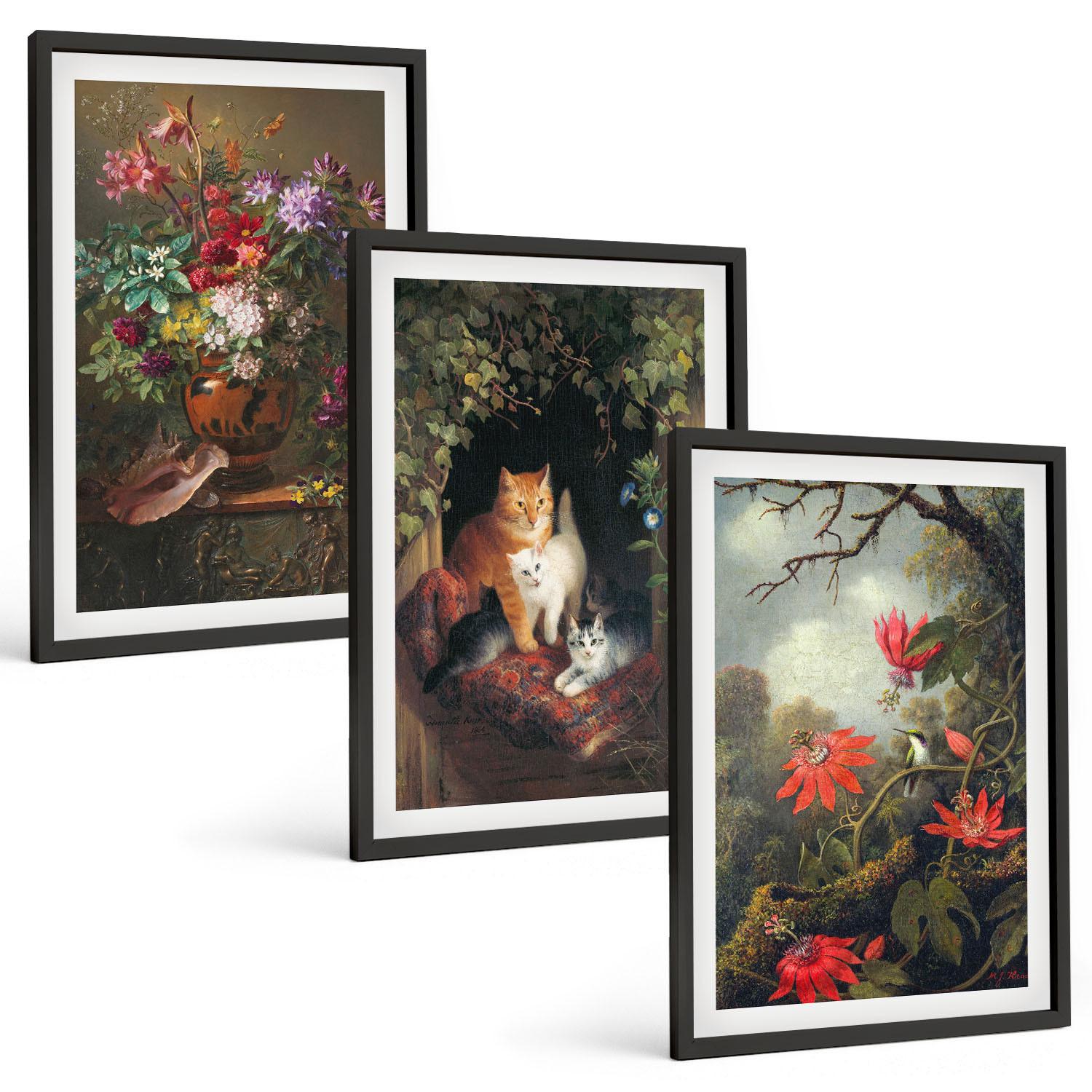 BILDER SET 3er Set - 40x60 cm Schwarzer Rahmen - Vintage-Blumen, Katzen, Natur - Schwarz, Kunststoff (40/60cm) - TULUP