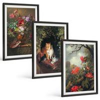 BILDER SET 3er Set - 40x60 cm Schwarzer Rahmen - Vintage-Blumen, Katzen, Natur - Schwarz, Kunststoff (40/60cm) - TULUP