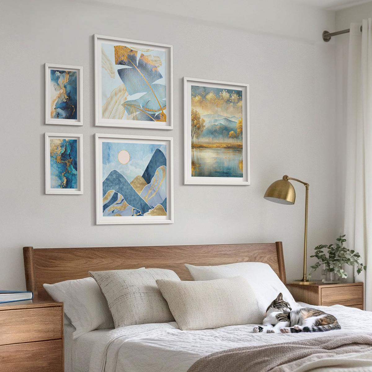 BILDER SET 5er Set - 50x50 cm & 20x30 cm & 40x60 cm Weißer Rahmen - Goldmuster in den blauen Bergen - Weiß, Kunststoff (40/60cm) - TULUP