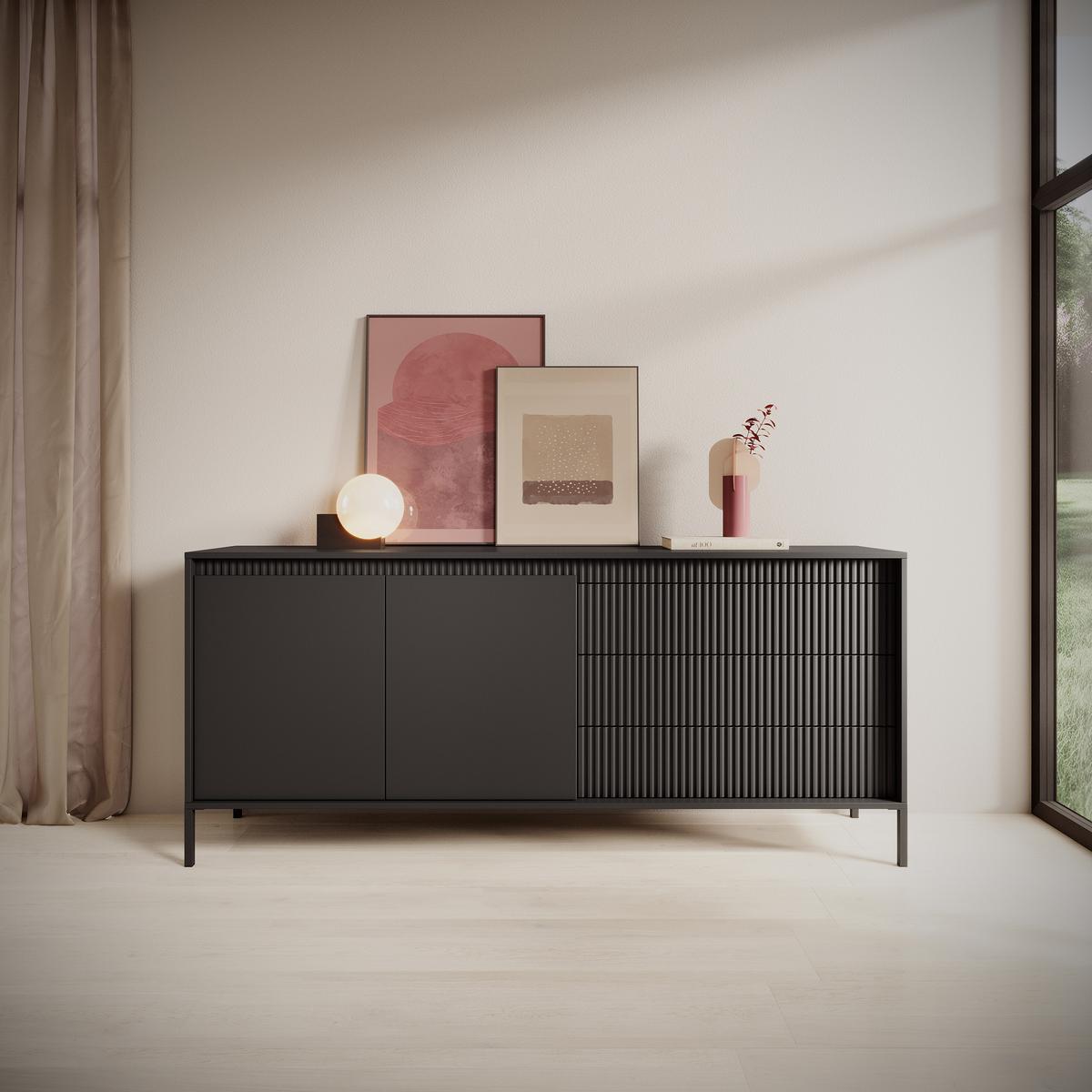 SIDEBOARD SENSATO 187/81/40 cm mit 3 Schubladen und 2 Türen Schwarz - Schwarz, Holzwerkstoff (187/81/40cm) - MASSENO