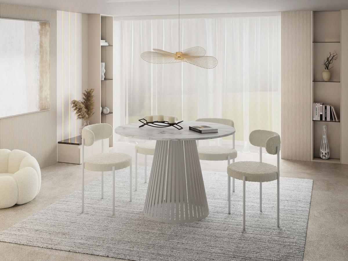 ESSTISCH Naro rund ausziehbar mit Lamellen-Metallgestell in Grau-Beige, Marmor Weiß 120-200/120/76 cm - Ecru/Kaschmir, Holzwerkstoff/Metall (120/196/76cm) - WFL GROUP