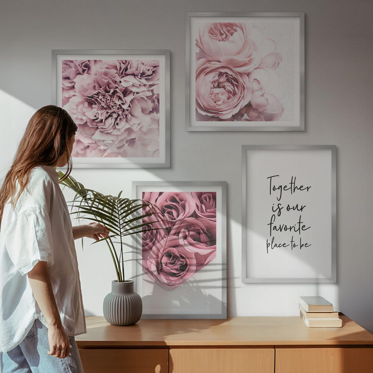 BILDER SET 4er Set - 50x50 cm & 40x60 cm Silberner Rahmen - Blumensträuße mit Rosen, Hausinschrift - Silberfarben, Kunststoff (50/50cm) - TULUP