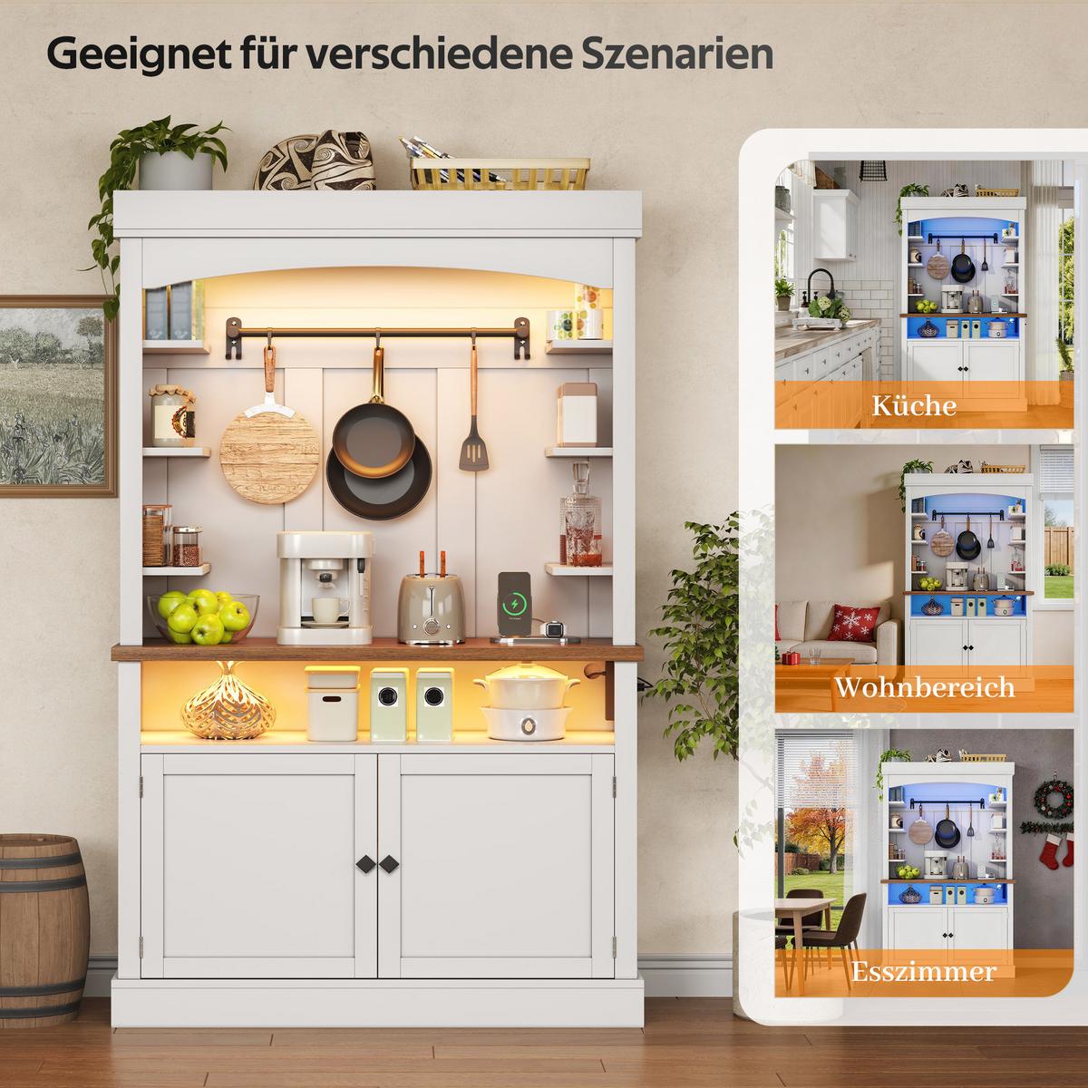 BUFFETSCHRANK Weiß 183cm mit LED-Beleuchtung, Steckdose & Kaffeebar - Weiß, Holzwerkstoff (106/183/43cm) - Urban Meuble