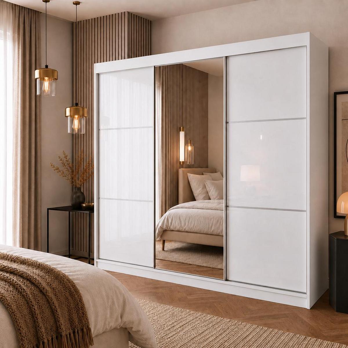 SCHWEBETÜRENSCHRANK Viva 240/216/61 weiß mit Spiegel - Weiß, Holzwerkstoff (240/216/61cm) - Beautysofa