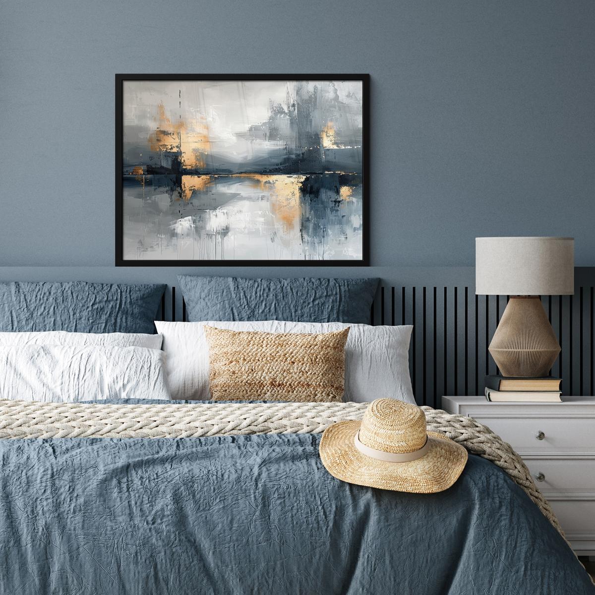 POSTER MIT RAHMENGERAHMTES BILD Kunst - Grau - Gold - Abstrakt 80x60 cm - Dunkelgrau, Papier (80/60cm) - MuchoWow