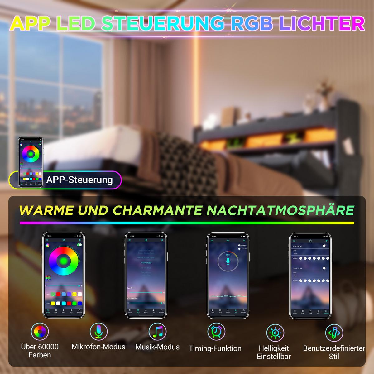 BETT mit Stauraum und LED 180/200 cm - Grau, Holzwerkstoff/Textil - Urban Meuble