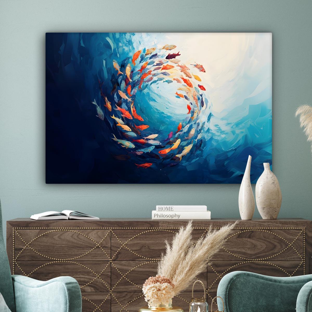 LEINWANDBILD Meer - Fische - Bunt - Dynamisch Wohnzimmer Groß 120x80 cm - Hellblau, Textil (120/80cm) - MuchoWow