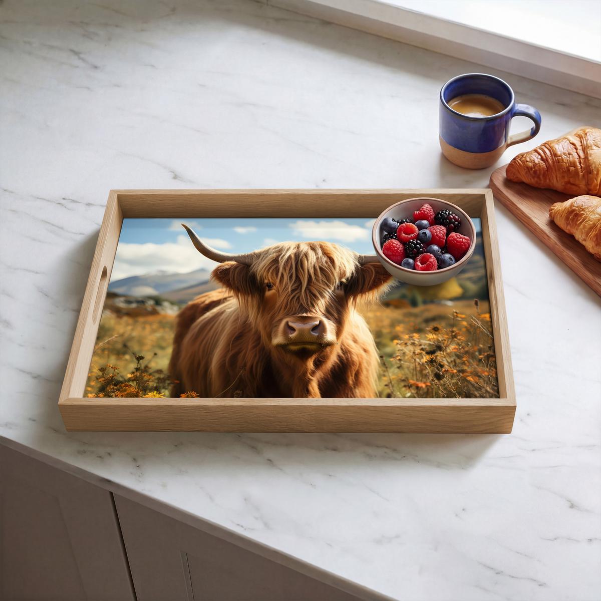 TABLETT Schottische Highlander - Blumen - Hörner - Wolken 50x35 cm - Braun, Holz (50/5/5cm) - OnlyWow