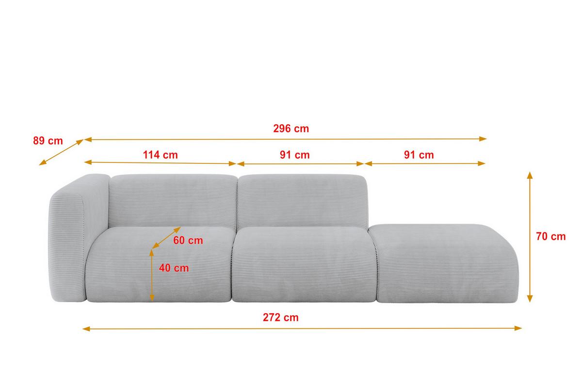 SOFA Ottomane Links MIRA-S3 296x89x70 Grau Cord - Blaugrau/Schwarz, Holzwerkstoff/Kunststoff (296/70/89cm) - ALTDECOR