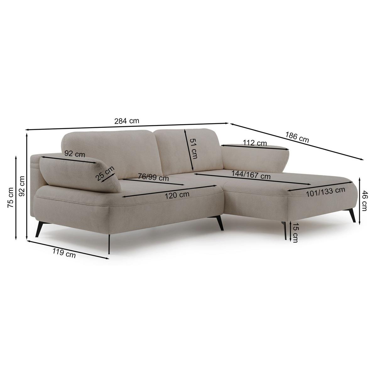 ECKSOFA Avolla Anthrazit links - Schwarz, Textil/Metall (284/186cm) - Selsey