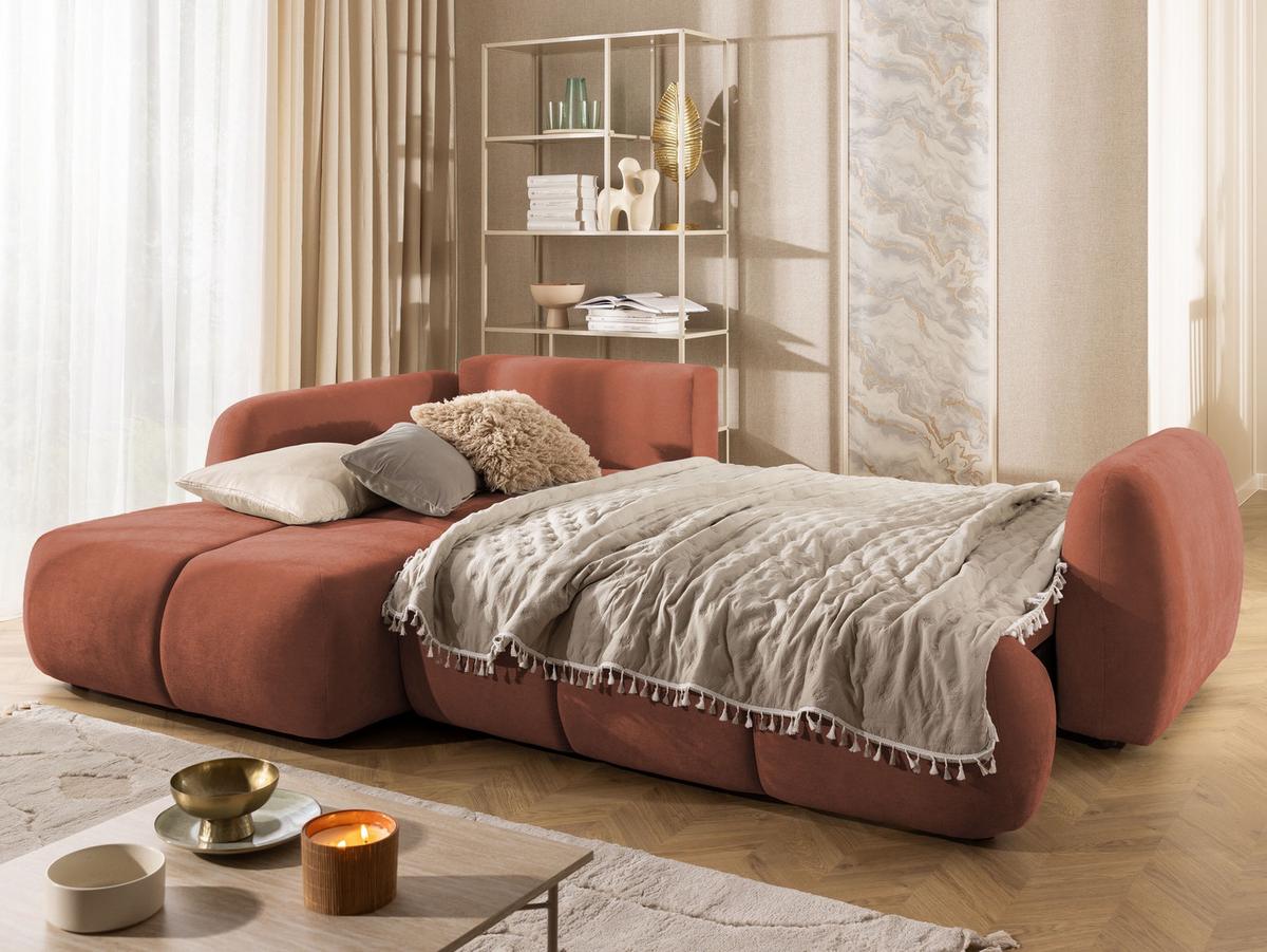 ECKSOFA Loretto aus natürlichem Terrakotta Webstoff mit Schlaffunktion, Bettkasten und tiefen Steppungen in Bubble-Optik - Terracotta/Schwarz, Holz/Kunststoff (180/275cm) - S-Style