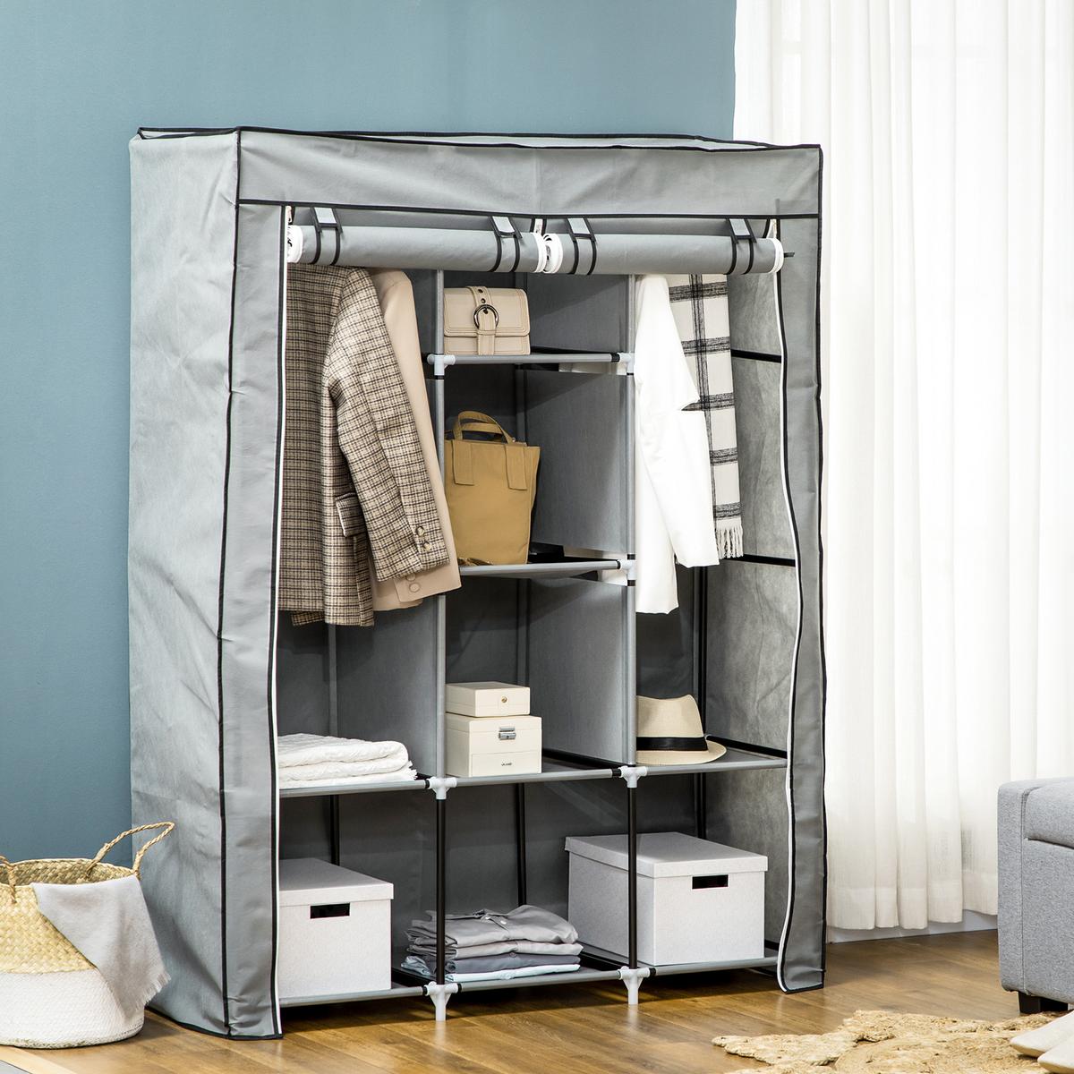 STOFFSCHRANK, Faltschrank, Kleiderschrank mit Kleiderstangen, 8 Ebenen Hellgrau - Hellgrau, Metall (43/162.5/125cm) - HOMCOM