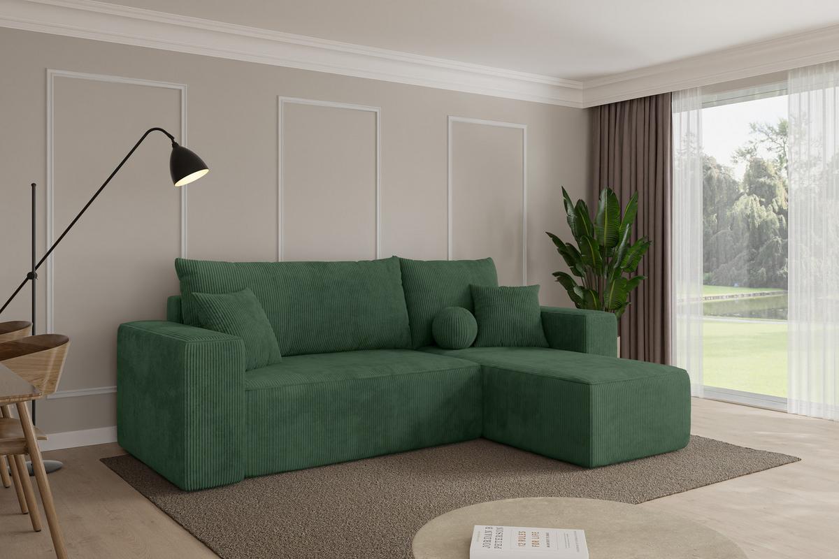 ECKSOFA mit Schlaffunktion Ottomane Rechts SENO-L 249x139x85 Grün Cord - Dunkelgrün/Schwarz, Holzwerkstoff/Kunststoff (249/139cm) - ALTDECOR