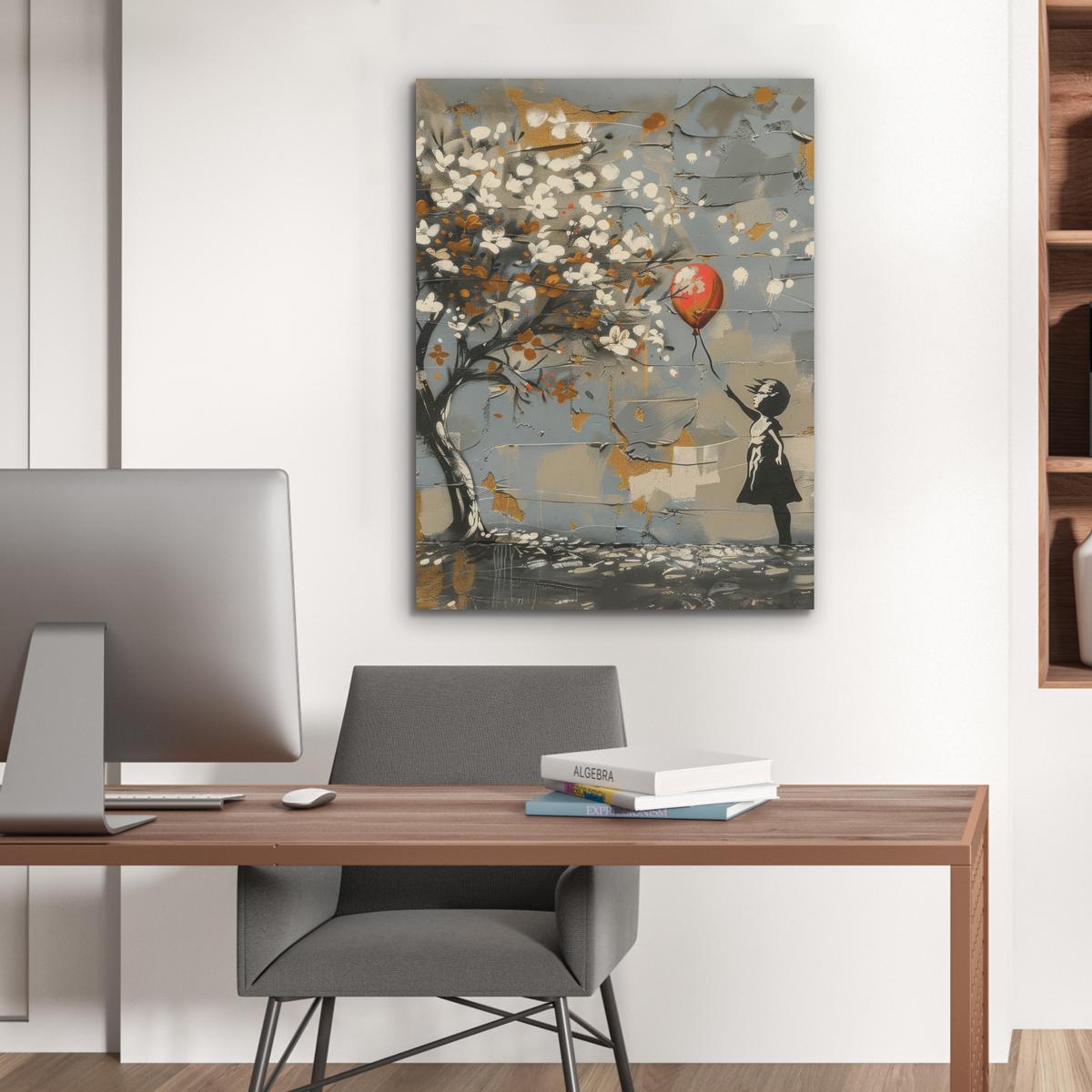 AKUSTIKBILD Baum - Graffiti - Banksy-Stil - Ballon-Mädchen Wandbilder 60x80 cm - Blaugrau, Kunststoff (60/80/0.9cm) - MuchoWow