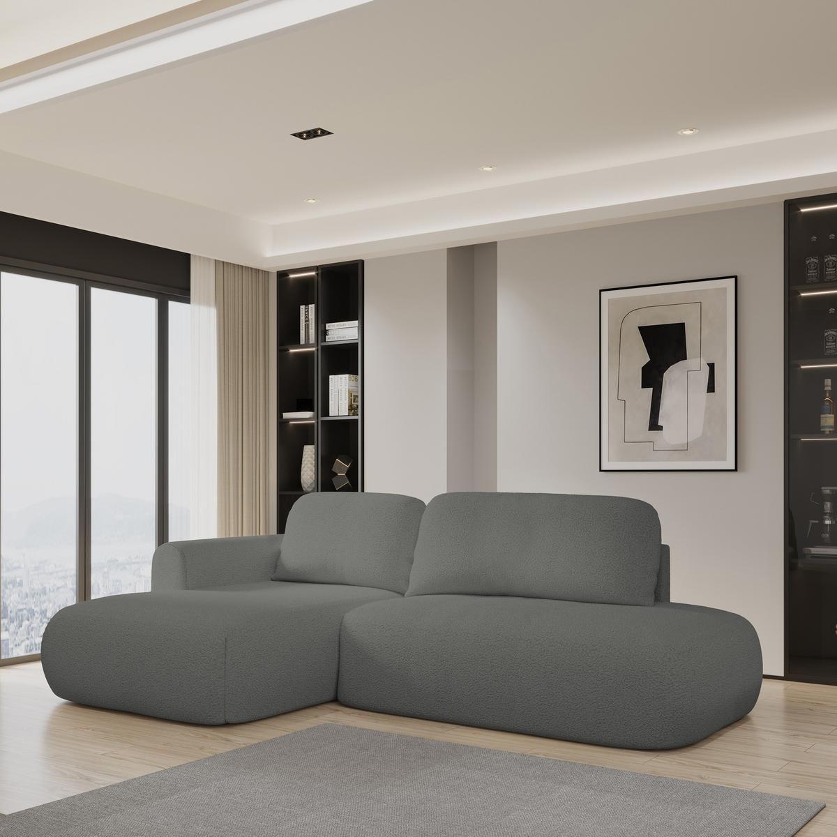 ECKSOFA NUVIRA L-S Grau Boucle-Stoff mit Schlaffunktion - Grau, Holz (279/158cm) - MASSENO