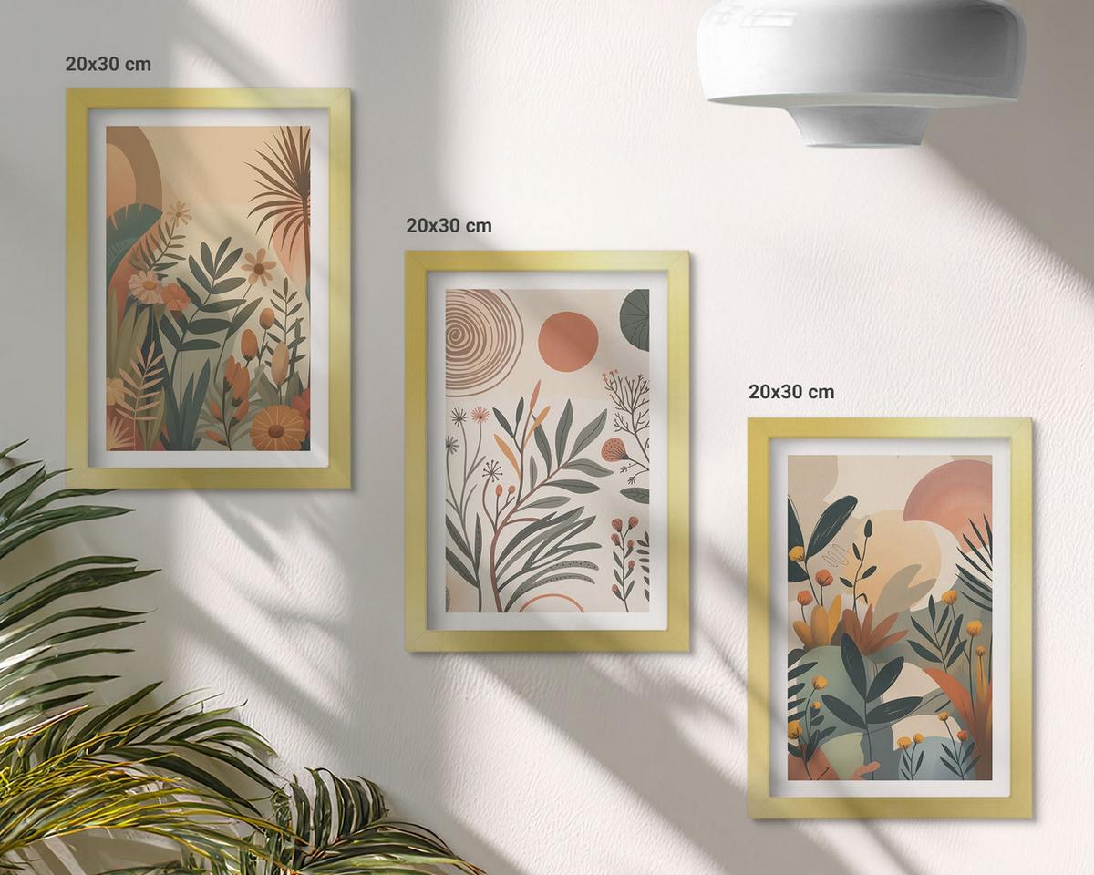 BILDER SET 3er Set - 20x30 cm Goldrahmen - Pflanzenmotive in gedeckten Farben - Goldfarben, Kunststoff (20/30cm) - TULUP