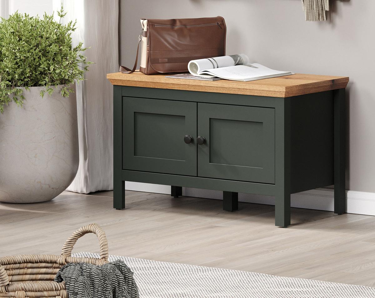 GARDEROBENBANK grün, Evoke Eiche Landhaus 77 x 48 cm, Sitzbank mit Stauraum - Eichefarben/Schwarz, Holzwerkstoff/Kunststoff (77/48/39cm) - Top.Furn