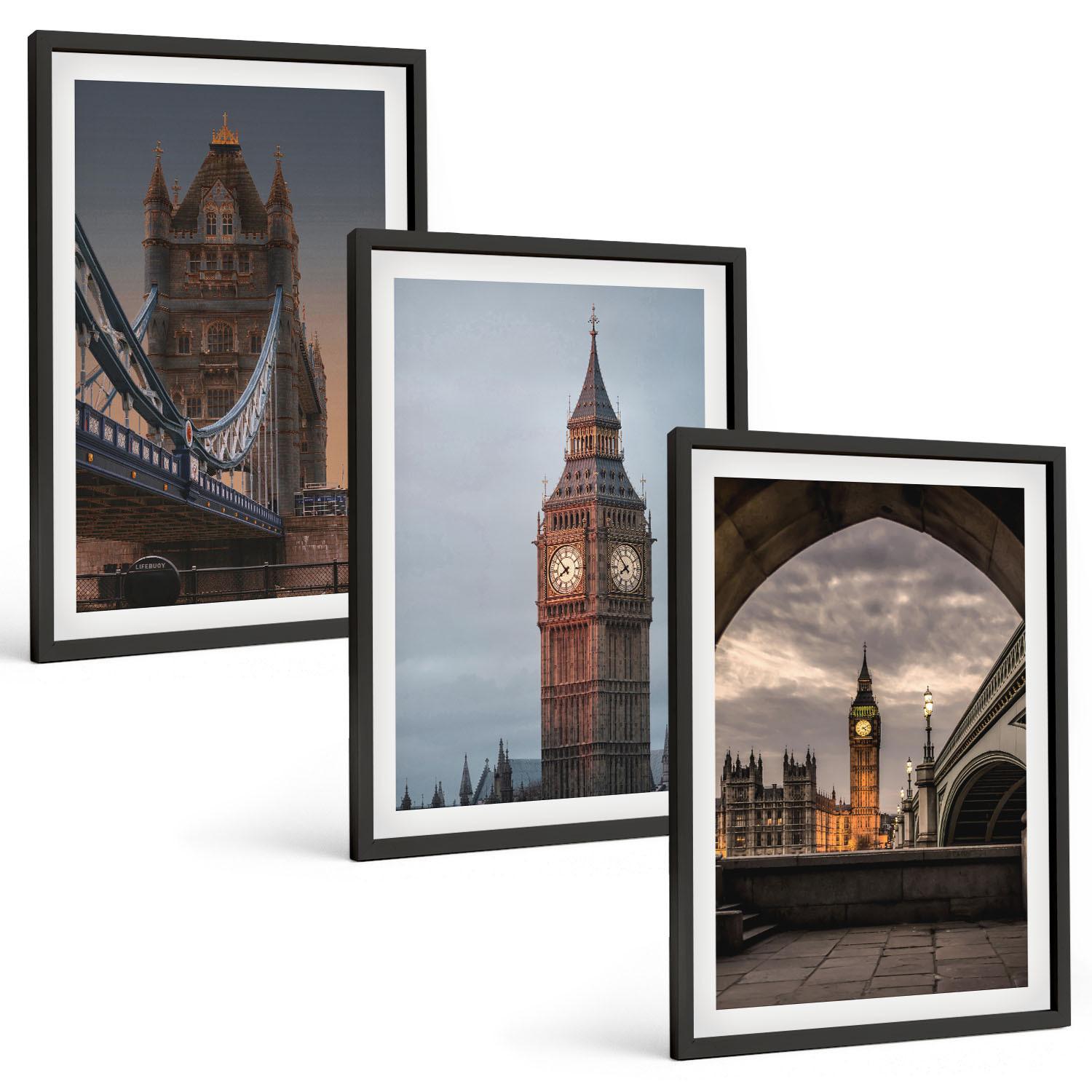 BILDER SET 3er Set - 40x60 cm Schwarzer Rahmen - London Bridge Big Ben Uhr - Schwarz, Kunststoff (40/60cm) - TULUP