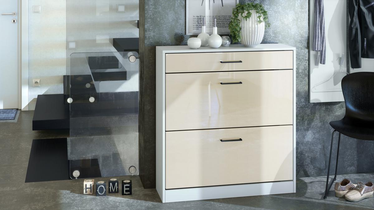 SCHUHSCHRANK Elvas Front in Creme Hochglanz - Creme, Holzwerkstoff (89/95.5/27cm) - Vladon