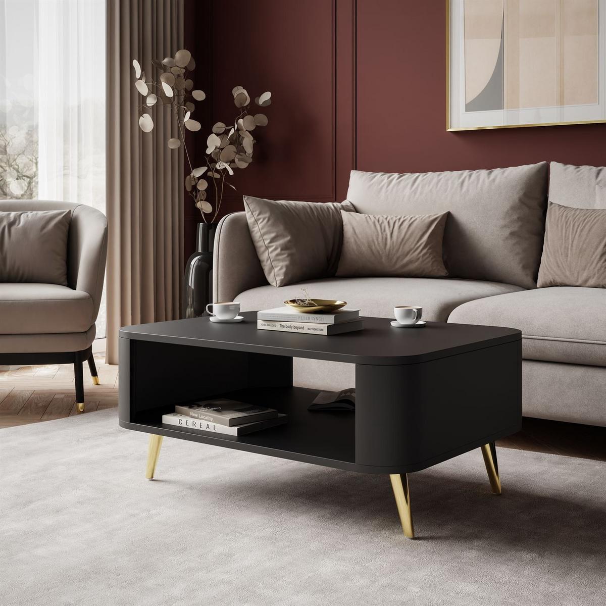 COUCHTISCH SHADOW II mit Ablage unter der Tischplatte - Goldfarben/Schwarz, Holzwerkstoff (60/80/35cm) - Lookway