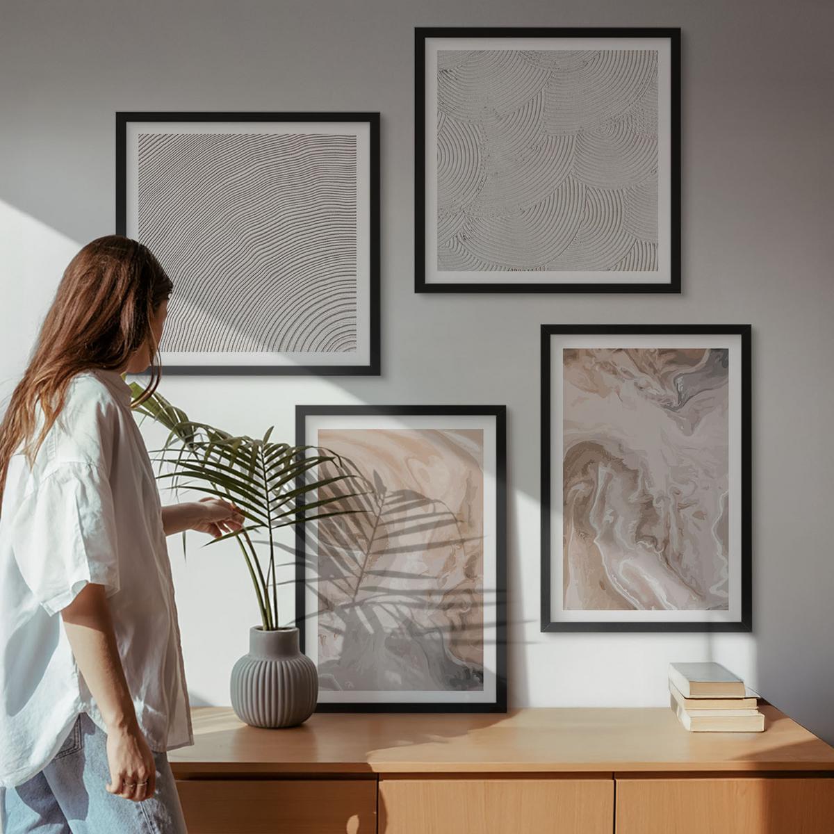 BILDER SET 4er Set - 50x50 cm & 40x60 cm Schwarzer Rahmen - Marmorstein-Texturmuster - Schwarz, Kunststoff (50/50cm) - TULUP