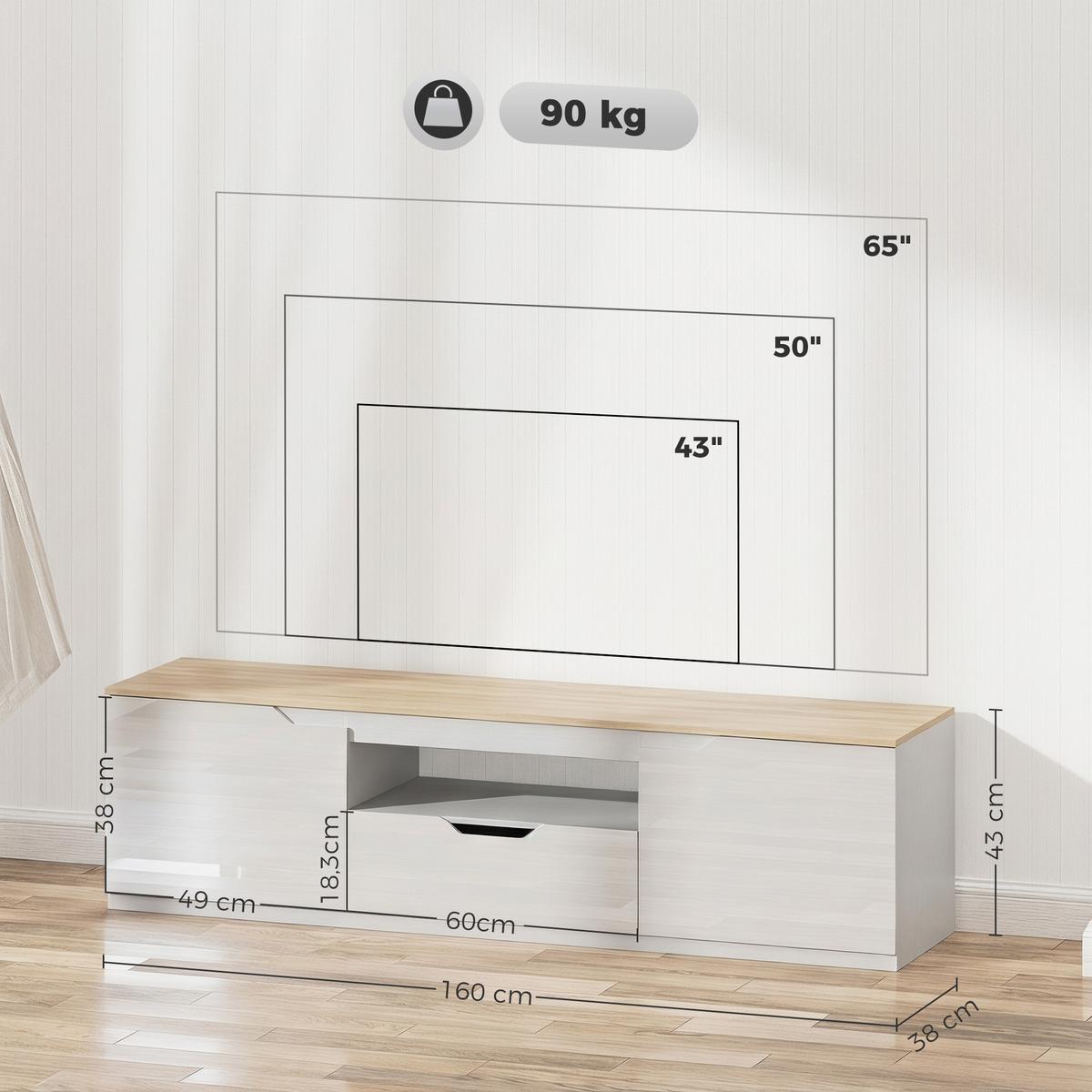 HOCHGLANZ TV-Lowboard für Fernseher bis 65 Zoll, 3 Fächer, Schublade, Naturholz - Naturfarben, Holzwerkstoff (38/43/160cm) - HOMCOM