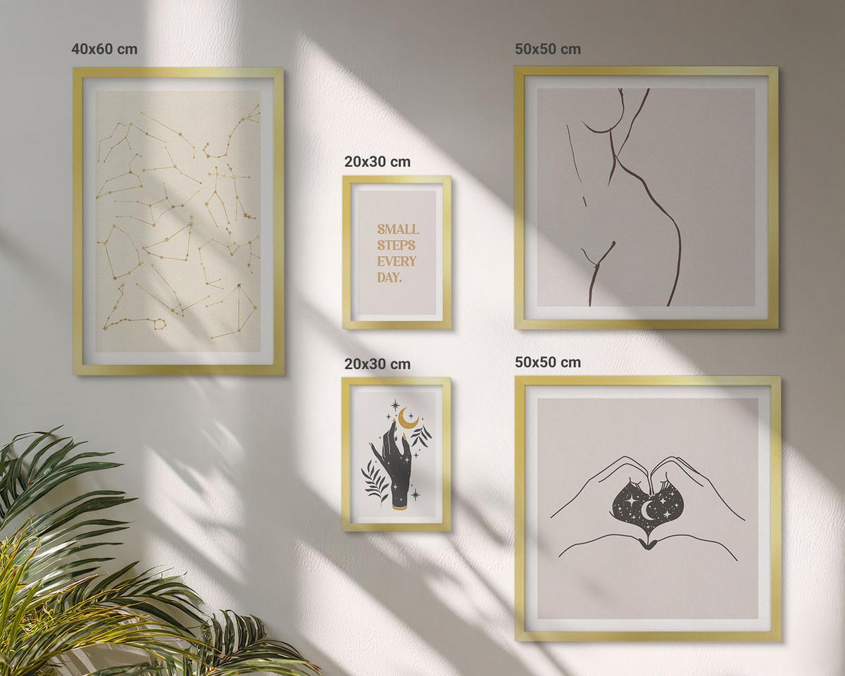 BILDER SET 5er Set - 50x50 cm & 20x30 cm & 40x60 cm Goldrahmen - Minimalistische Boho-Illustrationen - Goldfarben, Kunststoff (40/60cm) - TULUP