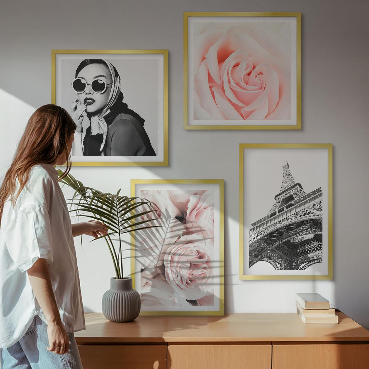 BILDER SET 4er Set - 50x50 cm & 40x60 cm Goldrahmen - Eiffels Porträt einer Frau mit Rosen - Goldfarben, Kunststoff (50/50cm) - TULUP