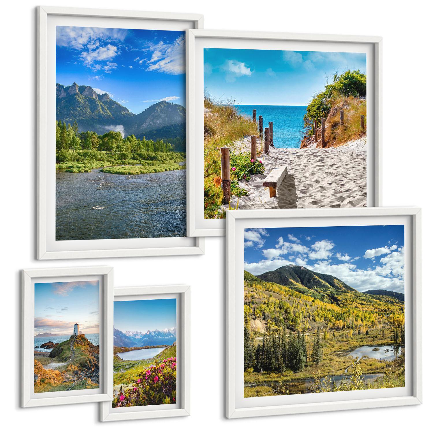 BILDER SET 5er Set - 50x50 cm & 20x30 cm & 40x60 cm Weißer Rahmen - See, Brücken, Berge - Weiß, Kunststoff (40/60cm) - TULUP