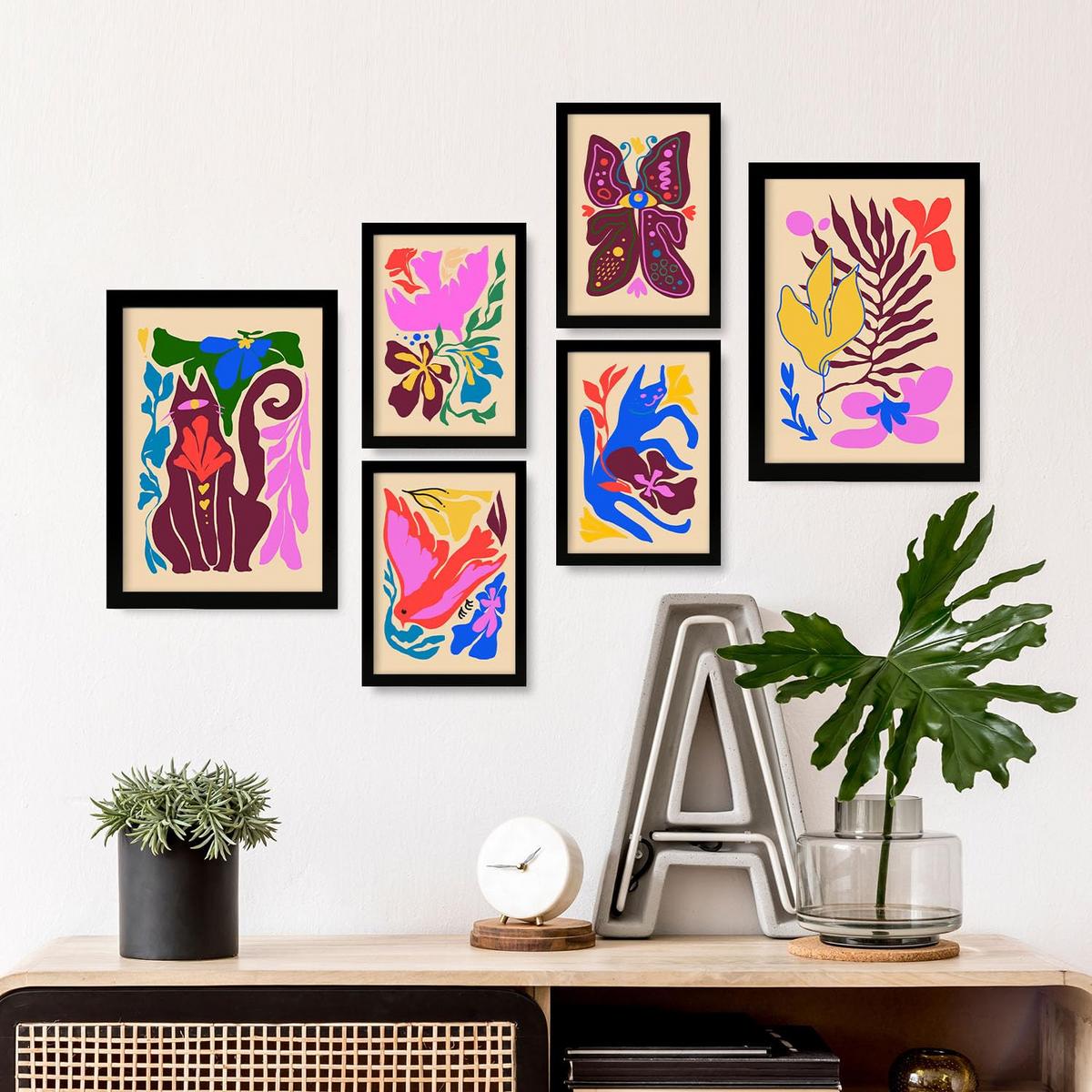 POSTER Set Mit 6 Malerisch 1 In Tiere Abstracts Ästhetische Dekorative Gemälde Für Ihr Wohnzimmer, Schlafzimmer, Zuhause A3 & A4 Schwarzer Rahmen - Schwarz, Papier (29/3cm) - Nacnic