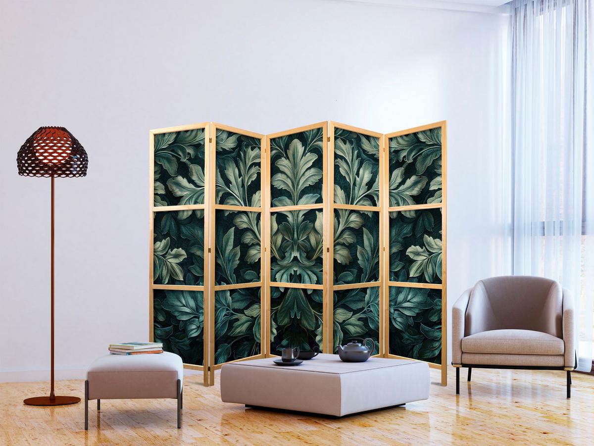 PARAVENT Japanischer 5-tlg 225x172 cm Blattmuster - Grün, Holz/Textil (225/172/3cm) - Muralo