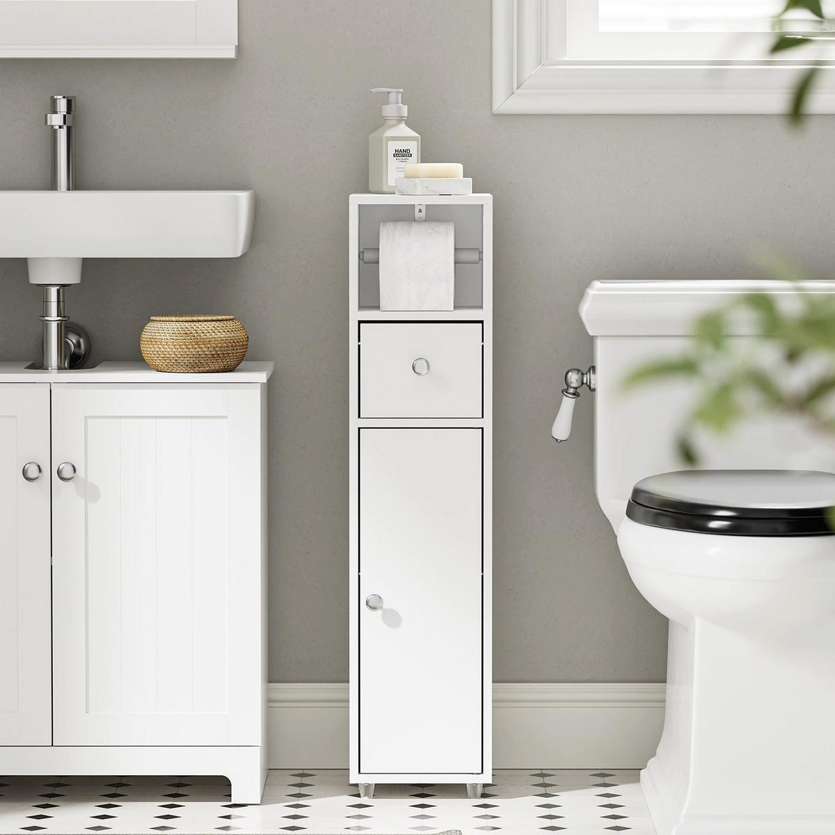 BADEZIMMERSCHRANK mit Toilettenpapierhalter schmal 20cm Weiß BZR219-W - Ahornfarben, Fell (20/85/20cm) - SoBuy