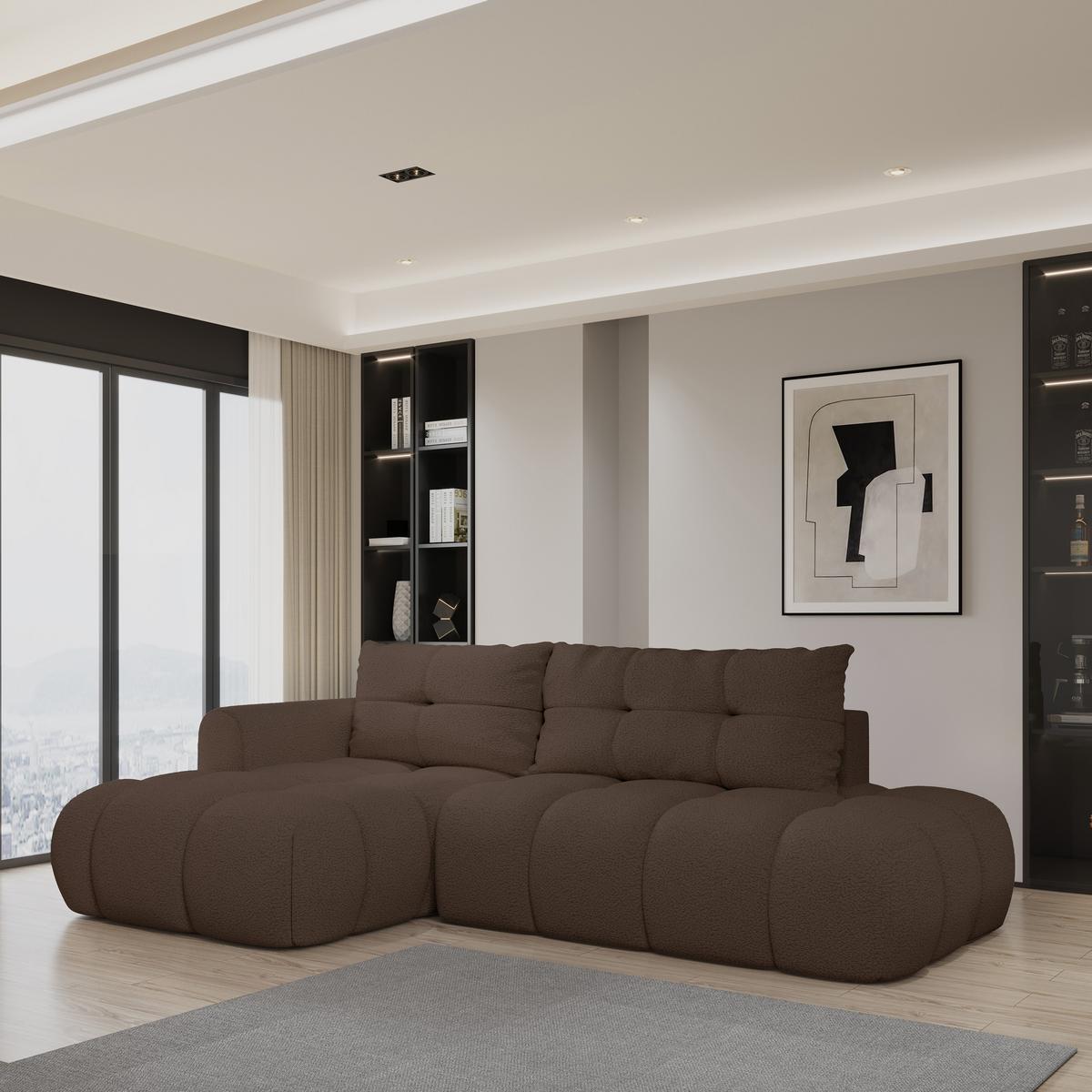 ECKSOFA FLUMA L-S Braun Boucle-Stoff mit Schlaffunktion - Braun, Holz (279/158cm) - MASSENO