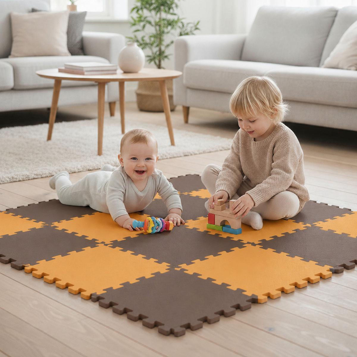 SPIELMATTE ab Null - 180/90/1 cm Puzzlematte Blau - Gelb/Braun, Kunststoff (30/30cm) - Littletom