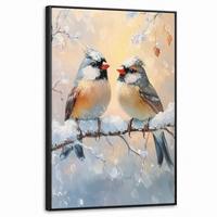 LEINWAND Bilder mit Rahmen - Vögel - Zweig - Winter - Schnee - 60x90 - Pastellblau, Textil (60/90cm) - MuchoWow